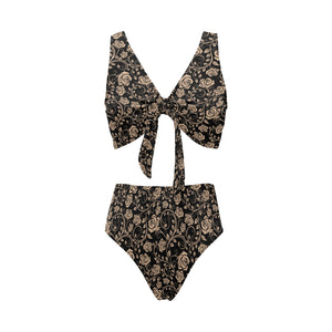 Rose Pattern Print Design 04 Chest Bowknot High Waisted Bikini Swimsuit