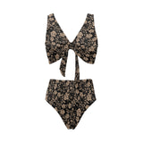 Rose Pattern Print Design 04 Chest Bowknot High Waisted Bikini Swimsuit