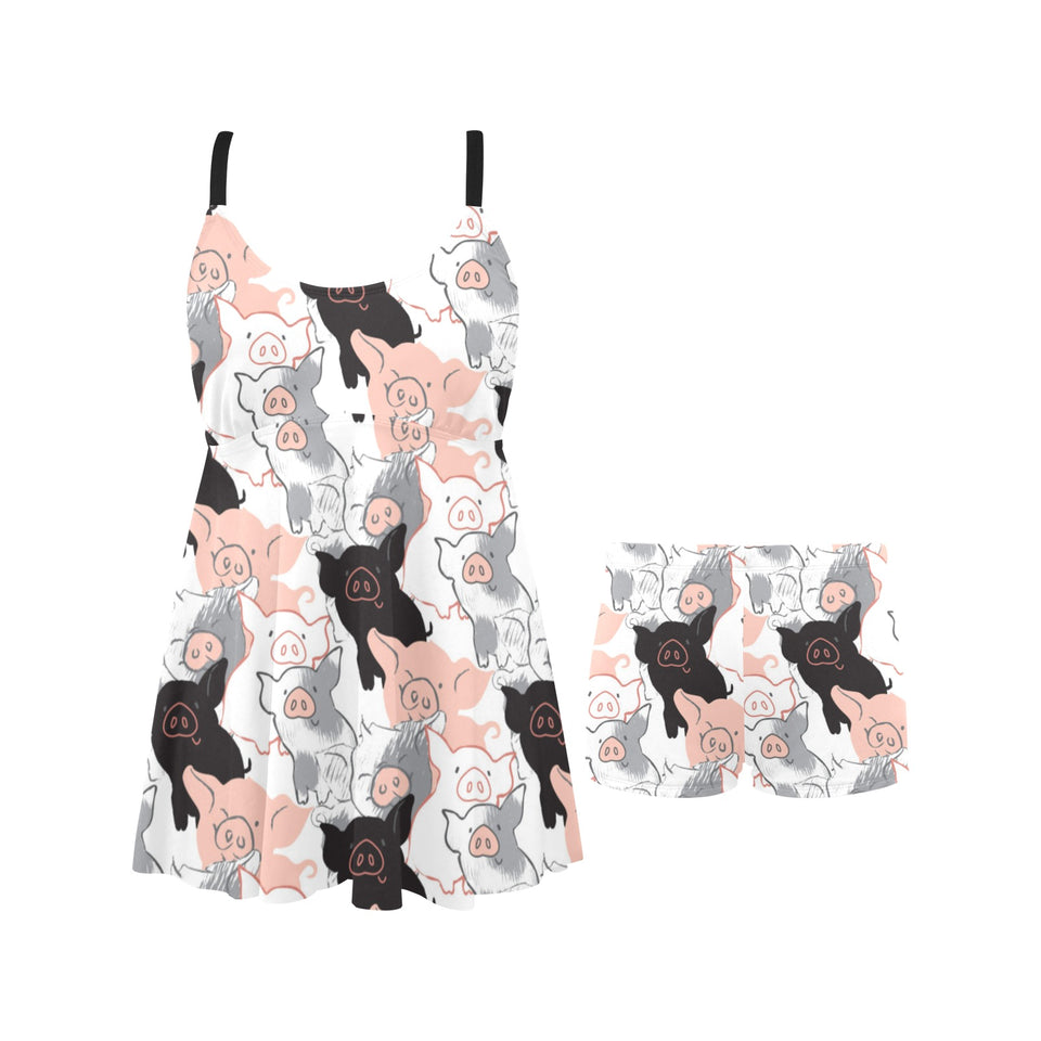 Pig Pattern Print Design 05 Chest Sexy Pleated Two Piece Swim Dress