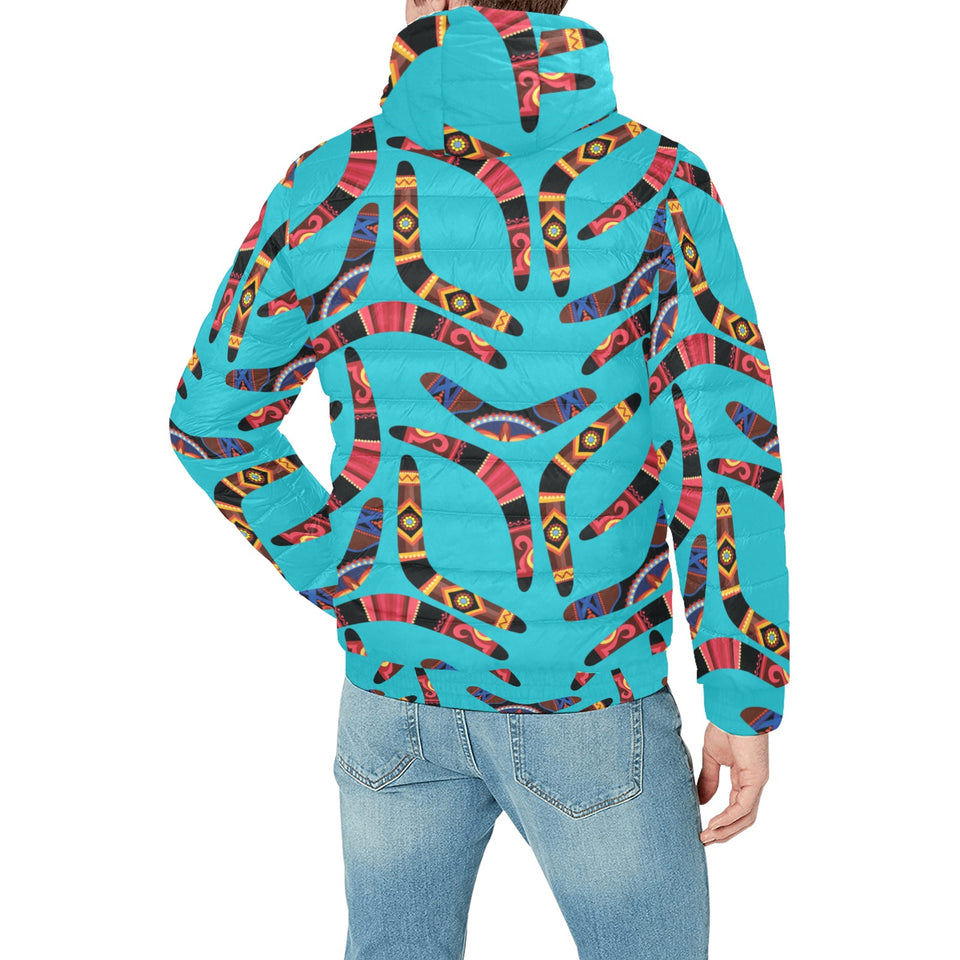 Boomerang Australian aboriginal ornament blue back Men's Padded Hooded Jacket