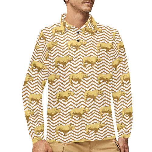Rhino yellow theme pattern Men's Long Sleeve Polo Shirt