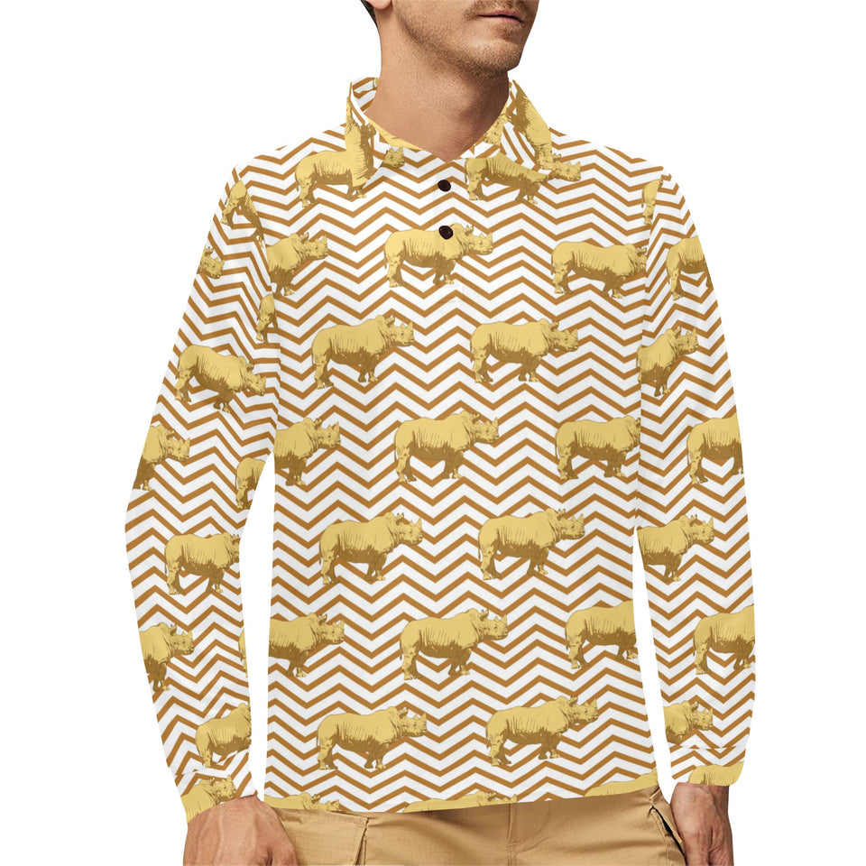 Rhino yellow theme pattern Men's Long Sleeve Polo Shirt