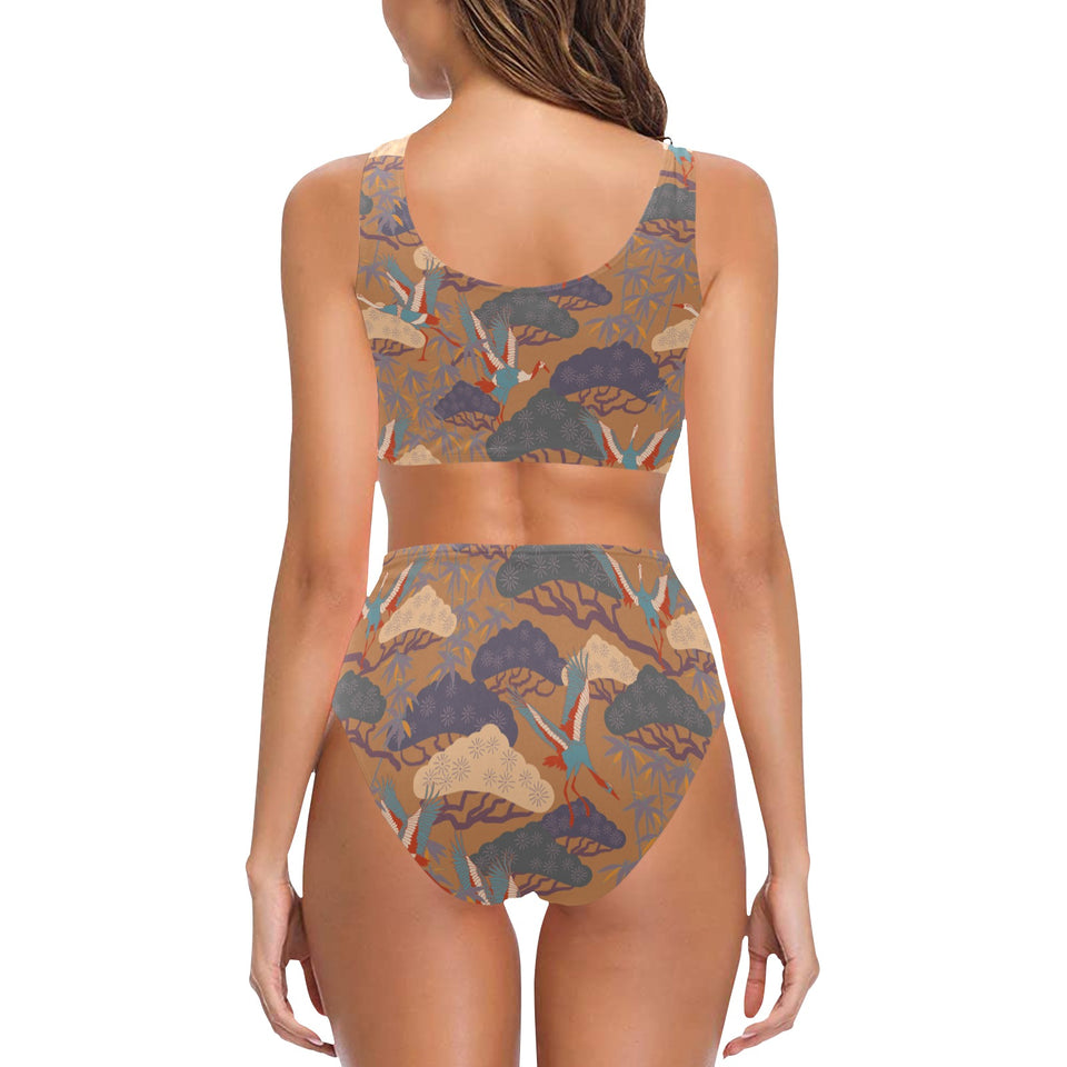 Bonsai bamboo stork japanese pattern brown theme Chest Bowknot High Waisted Bikini Swimsuit