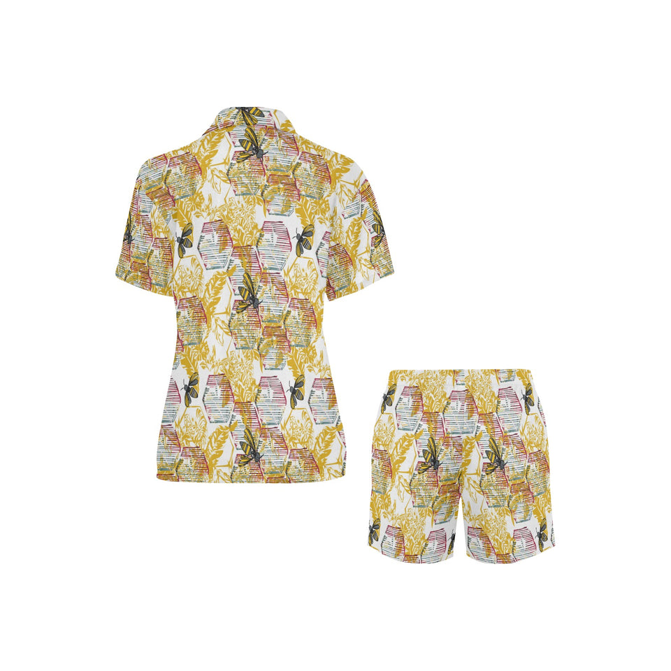 Cool Bee honeycomb leaves pattern Women's V-Neck Short Pajama Set