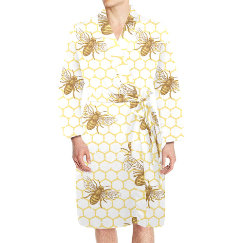 Bee honeycomb seamless design pattern Men's Long Sleeve Belted Night Robe