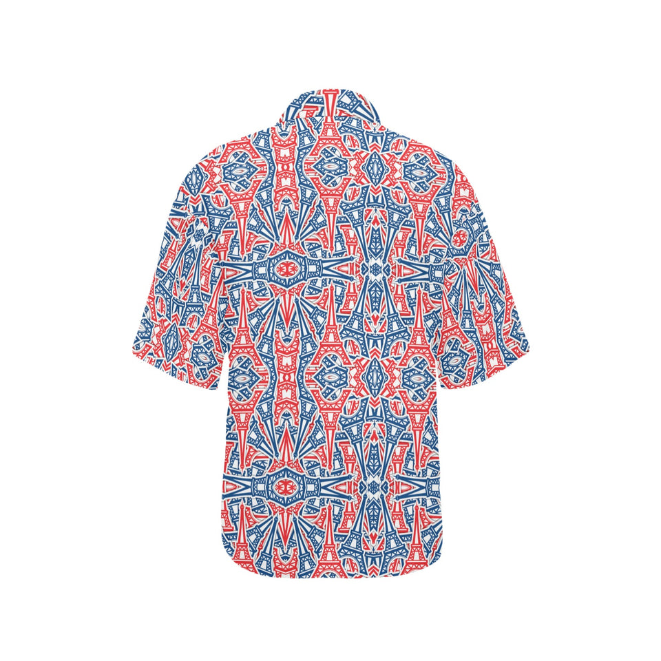 Blue Red Eiffel Tower Pattern Print Design 02 Women's All Over Print Hawaiian Shirt