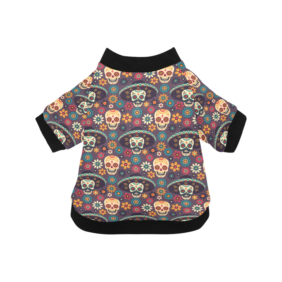 Sugar skulls flower maxican pattern All Over Print Pet Dog Round Neck Fuzzy Shirt