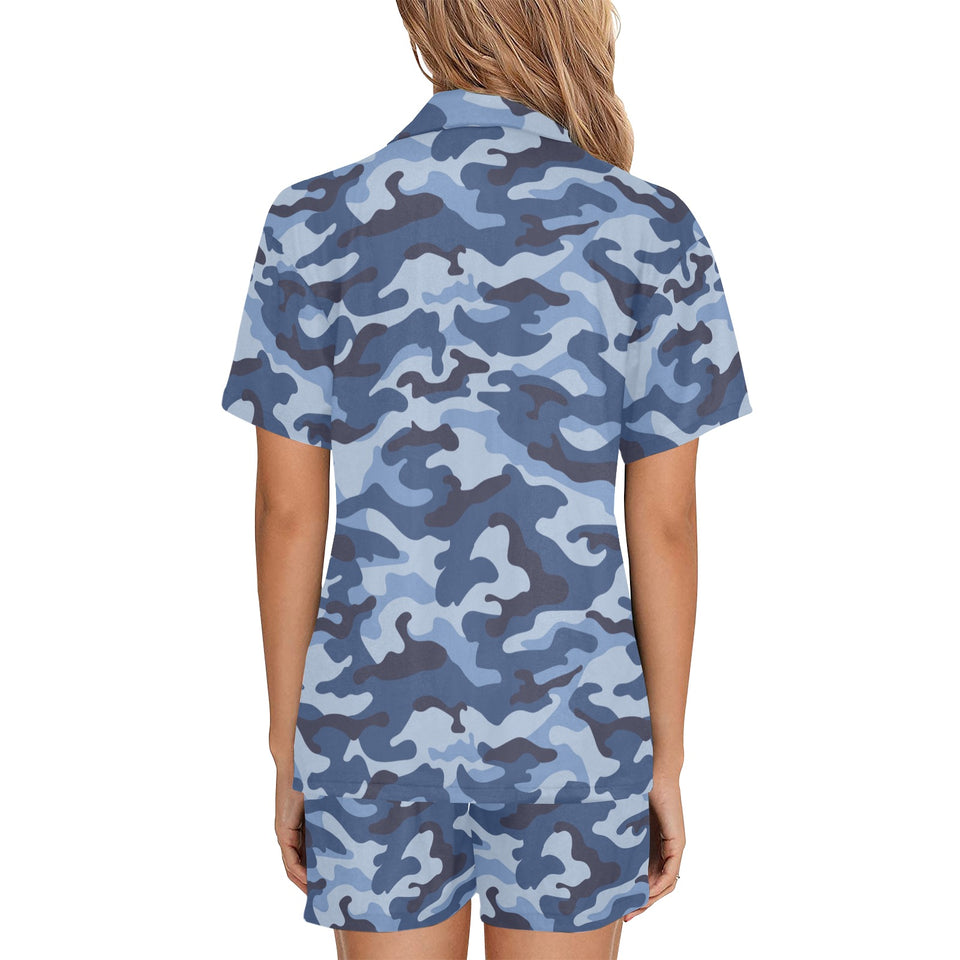 Blue camouflage pattern Women's V-Neck Short Pajama Set