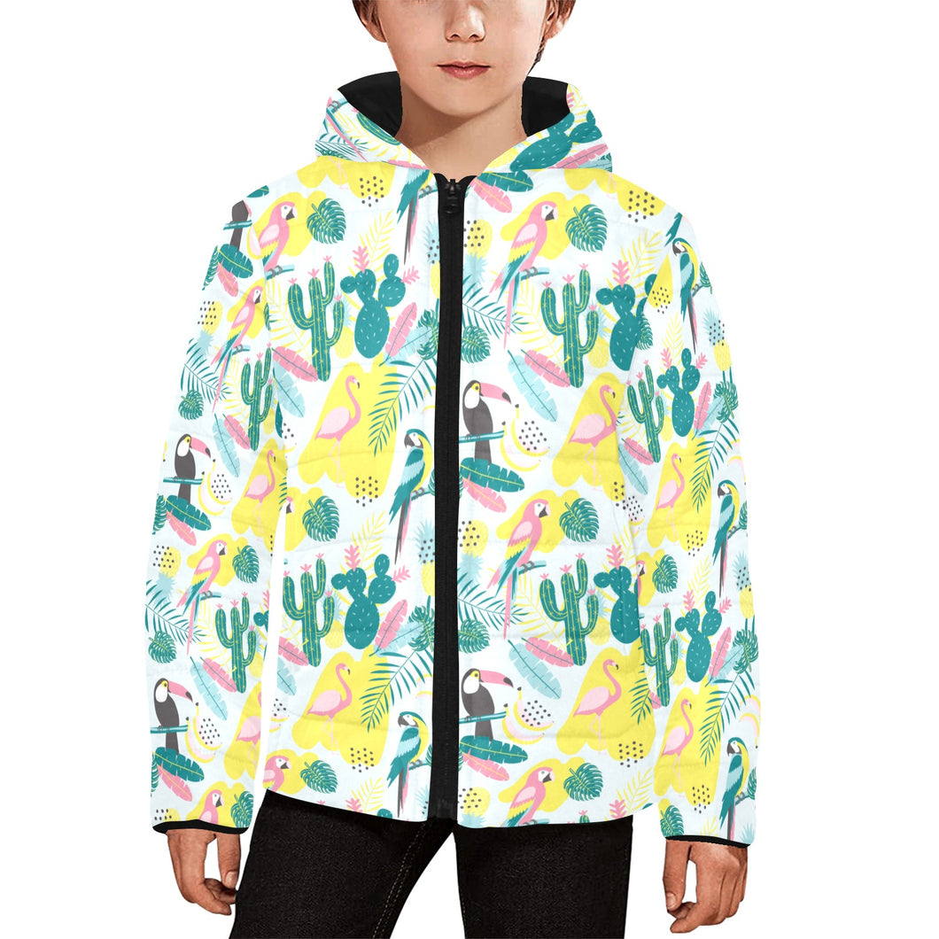 Cute parrot toucan flamingo cactus exotic leaves p Kids' Boys' Girls' Padded Hooded Jacket