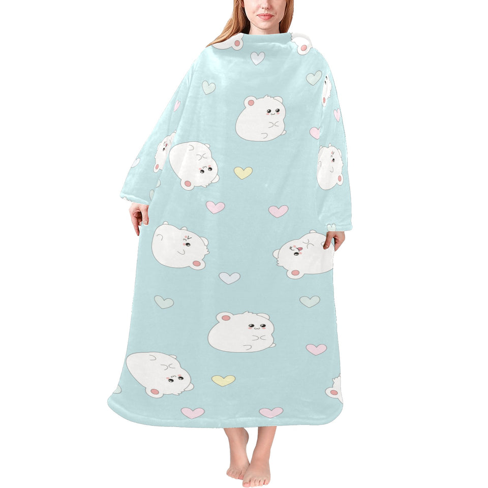 White cute hamsters heart pattern Blanket Robe with Sleeves