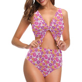 Hibiscus Pattern Print Design 01 Chest Bowknot High Waisted Bikini Swimsuit