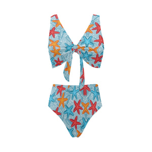Blue red orange starfish pattern Chest Bowknot High Waisted Bikini Swimsuit