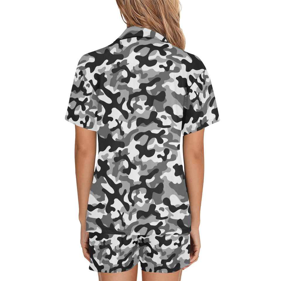 Black white camouflage pattern Women's V-Neck Short Pajama Set