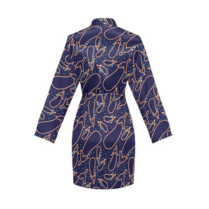 Eggplant Pattern Print Design 04 Women's Long Sleeve Belted Night Robe