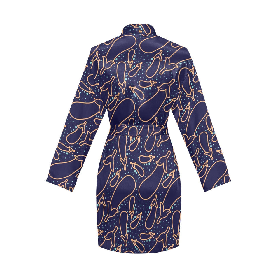 Eggplant Pattern Print Design 04 Women's Long Sleeve Belted Night Robe