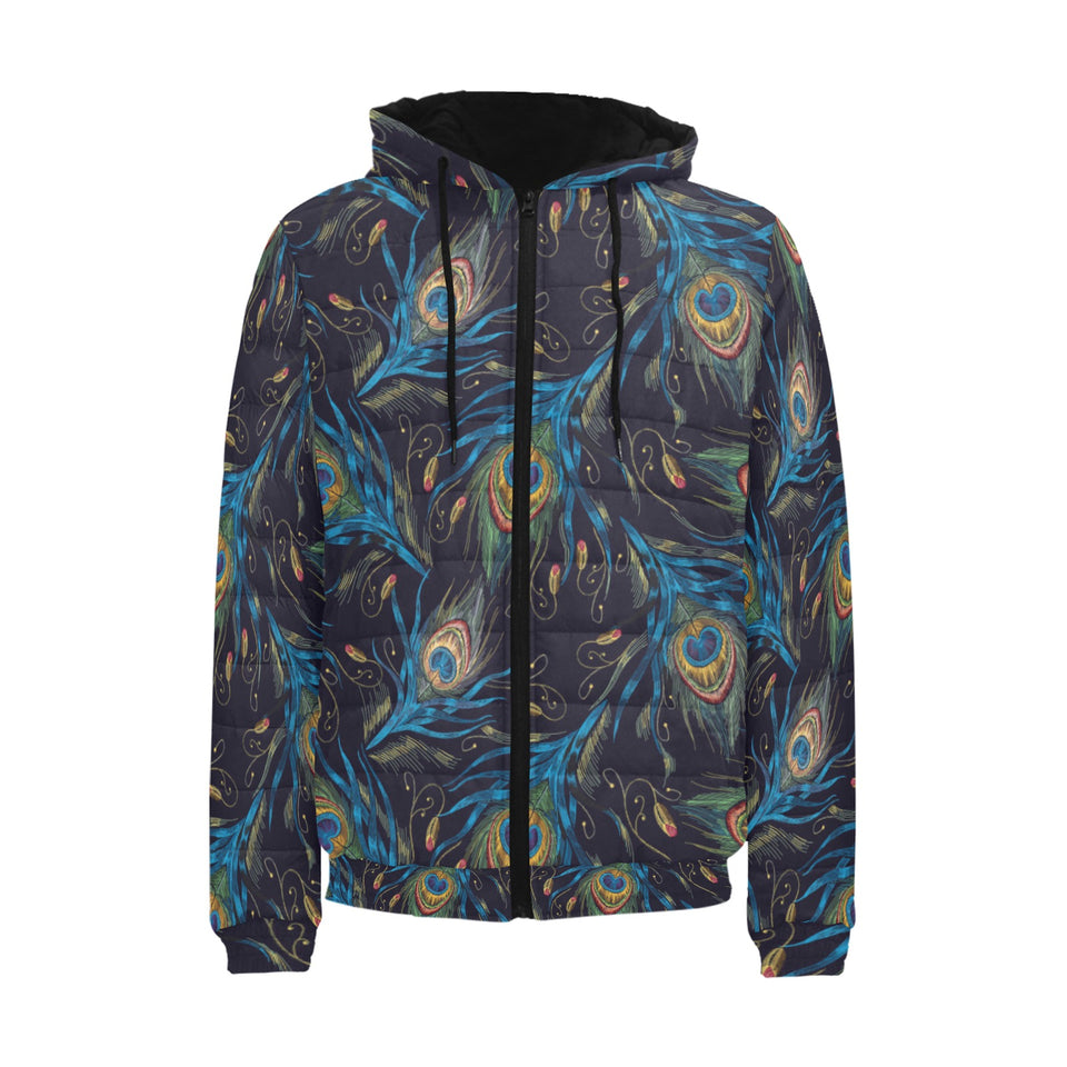 Beautiful peacock feather pattern Men's Padded Hooded Jacket