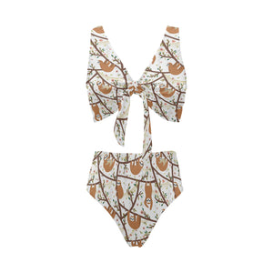 Sloths hanging on the tree pattern Chest Bowknot High Waisted Bikini Swimsuit