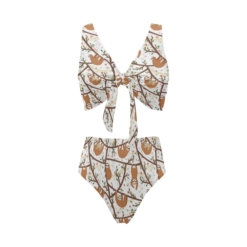 Sloths hanging on the tree pattern Chest Bowknot High Waisted Bikini Swimsuit
