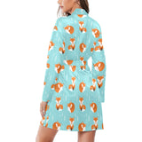 Fox pattern blue b ackground Women's Long Sleeve Belted Night Robe