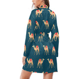 Camel pattern blue blackground Women's Long Sleeve Belted Night Robe