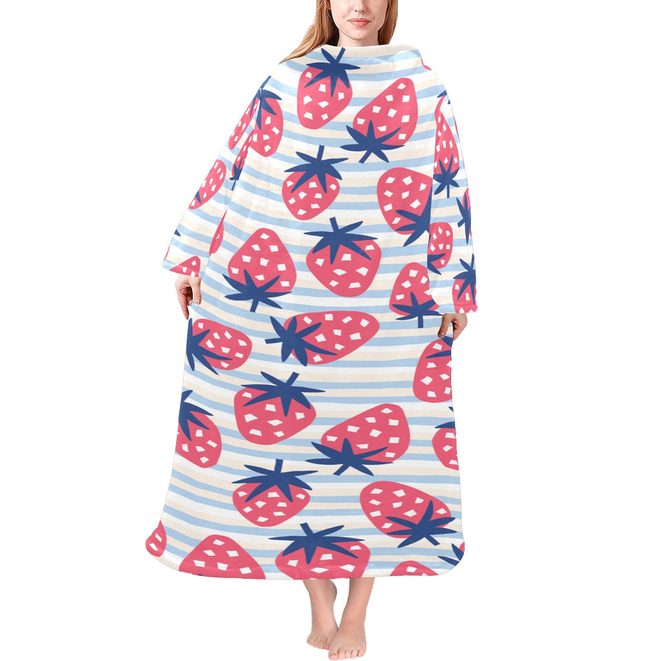 Strawberry pattern blue lines background Blanket Robe with Sleeves