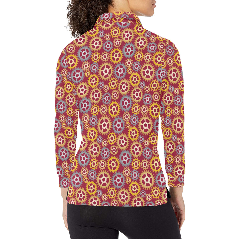 Gear Pattern Print Design 04 Women's Long Sleeve Polo Shirt
