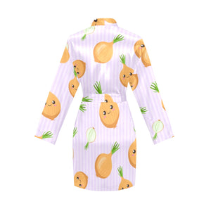 cute onions smiling faces purple background Women's Long Sleeve Belted Night Robe