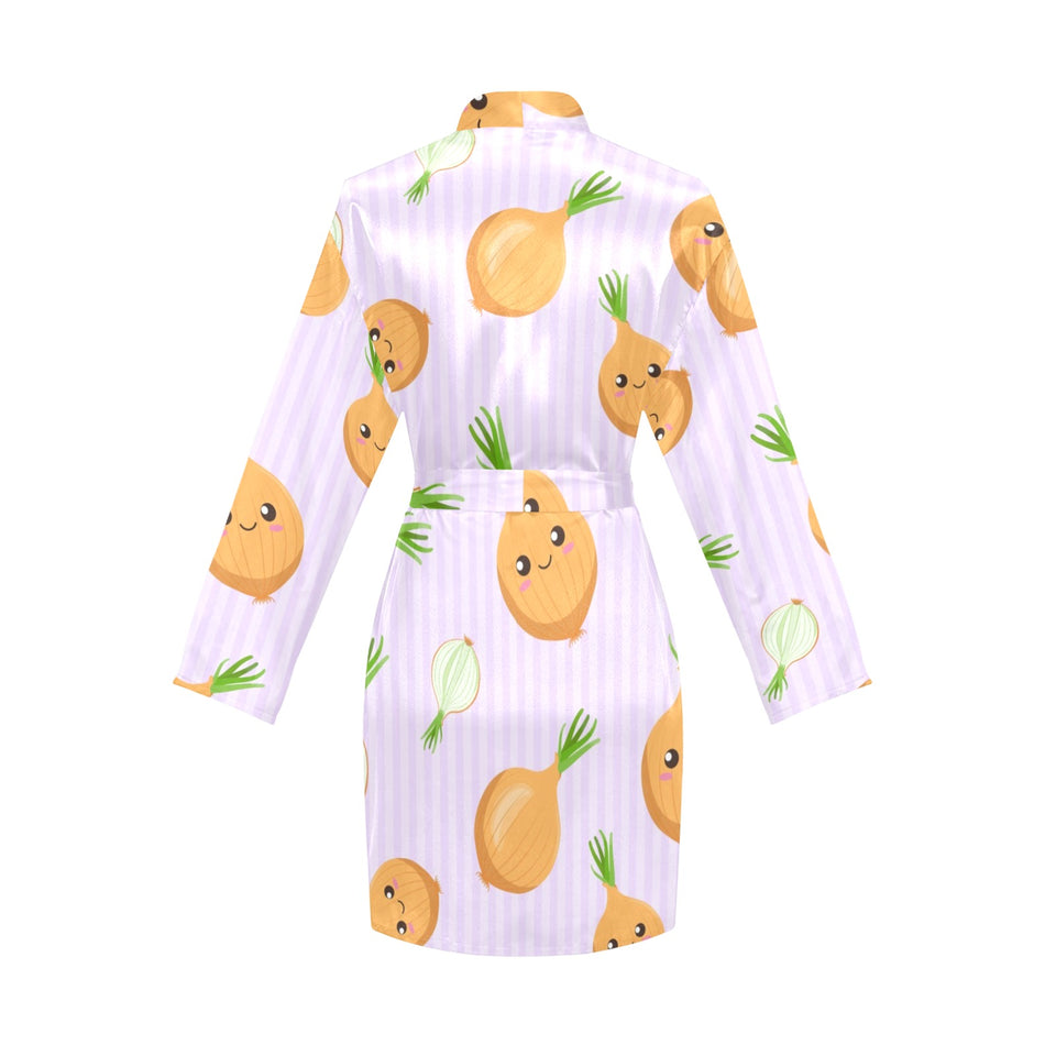 cute onions smiling faces purple background Women's Long Sleeve Belted Night Robe