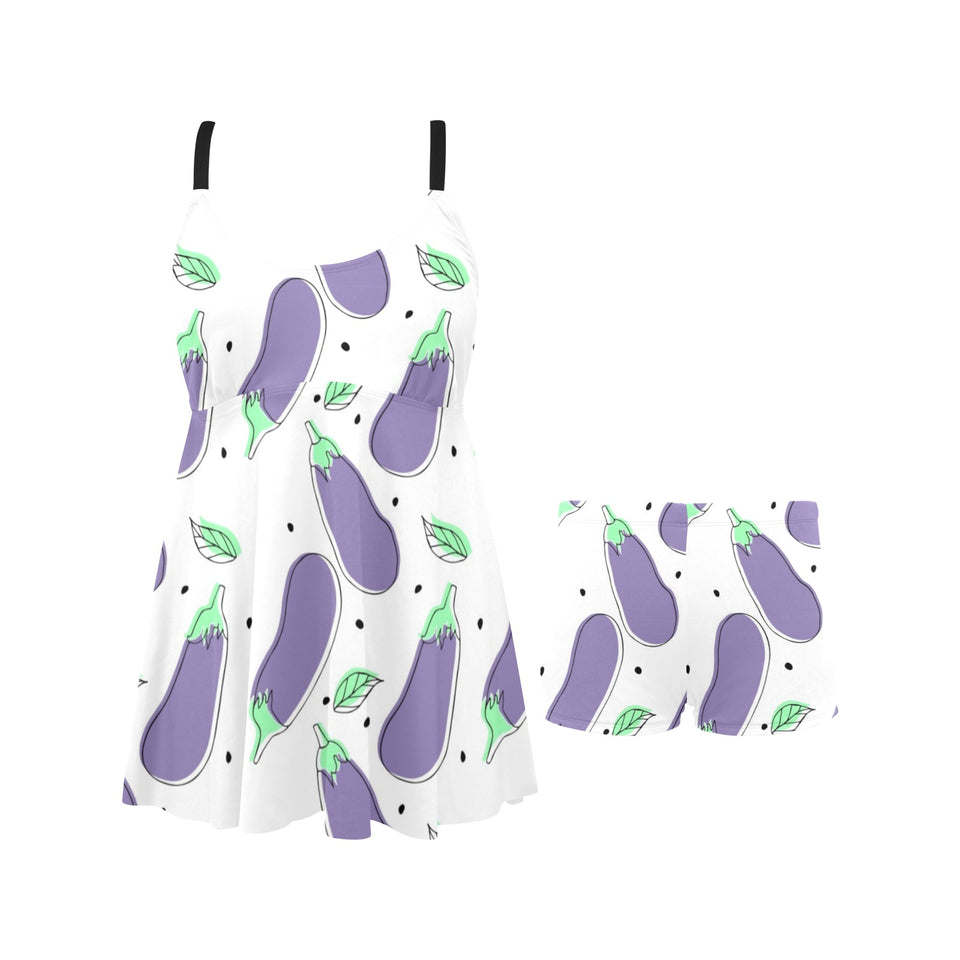 Eggplant Pattern Print Design 05 Chest Sexy Pleated Two Piece Swim Dress