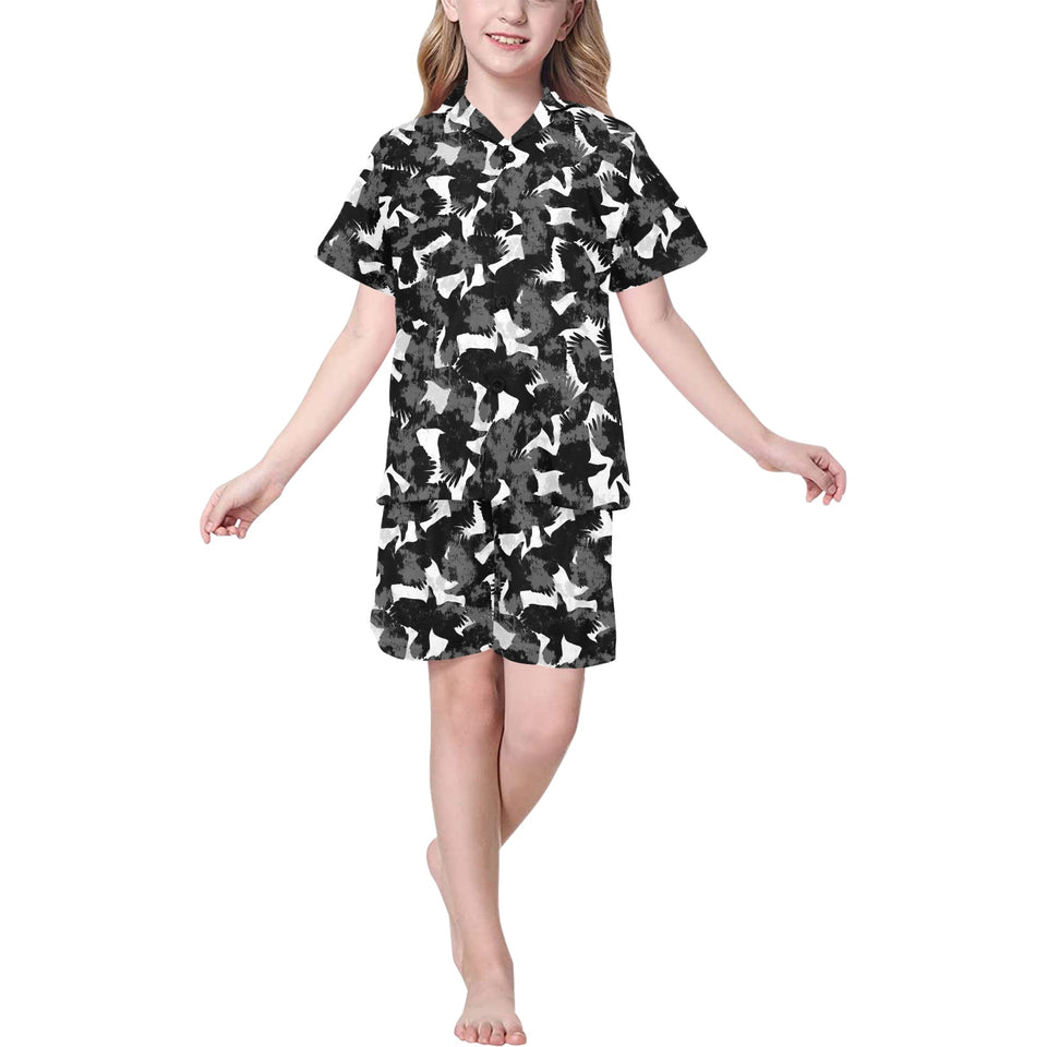 Crow illustration pattern Kids' Boys' Girls' V-Neck Short Pajama Set