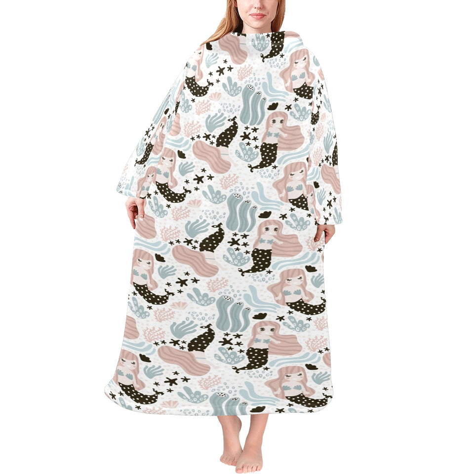 cute mermaid pattern Blanket Robe with Sleeves