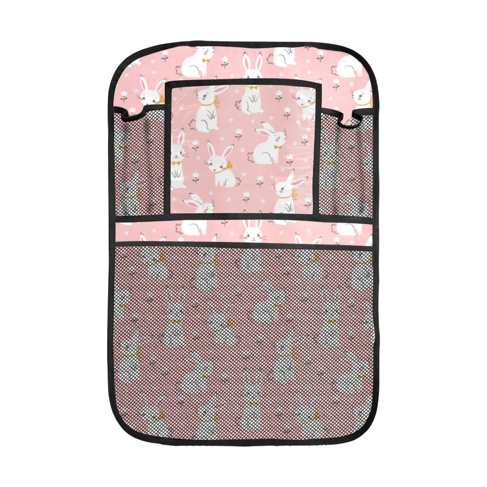 Cute white rabbit flower pink background Car Seat Back Organizer