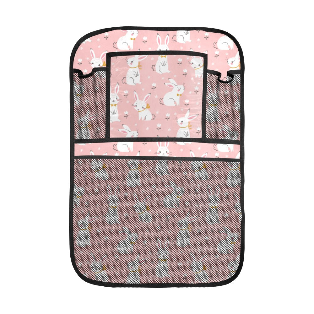 Cute white rabbit flower pink background Car Seat Back Organizer