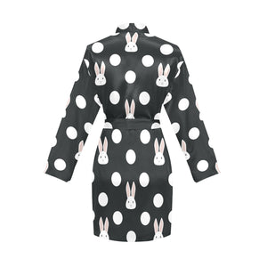 Cute white rabbit polka dots black background Women's Long Sleeve Belted Night Robe