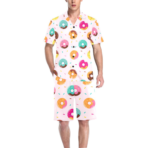Donut pattern glaze pink background Men's V-Neck Short Pajama Set