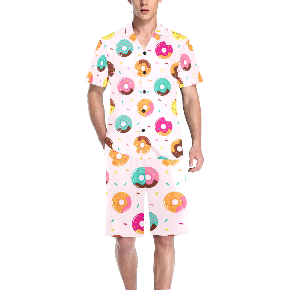 Donut pattern glaze pink background Men's V-Neck Short Pajama Set