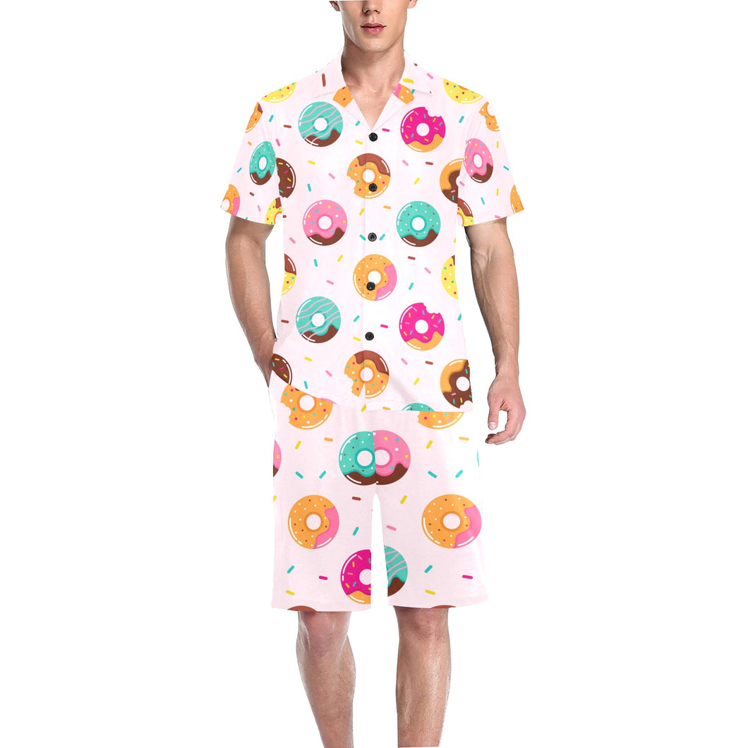 Donut pattern glaze pink background Men's V-Neck Short Pajama Set