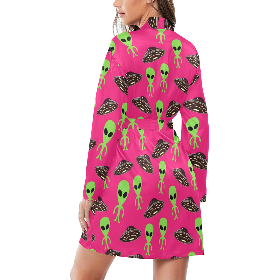 Alien Pattern Print Design 03 Women's Long Sleeve Belted Night Robe