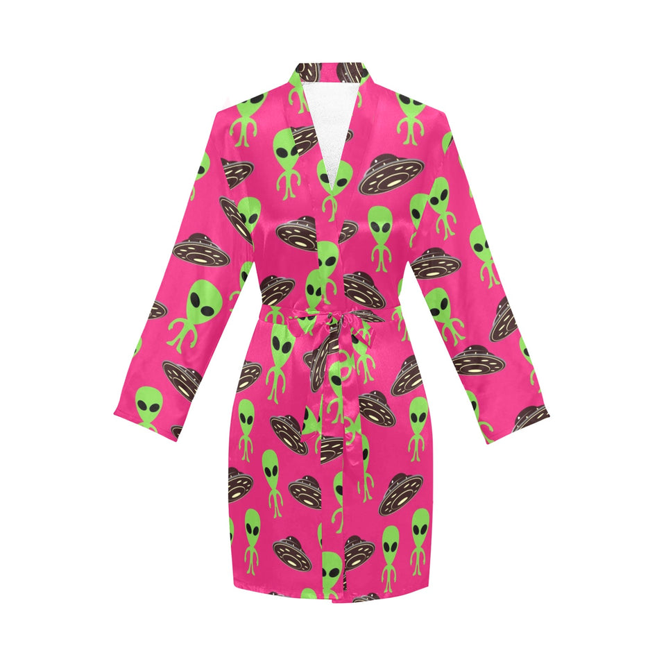 Alien Pattern Print Design 03 Women's Long Sleeve Belted Night Robe