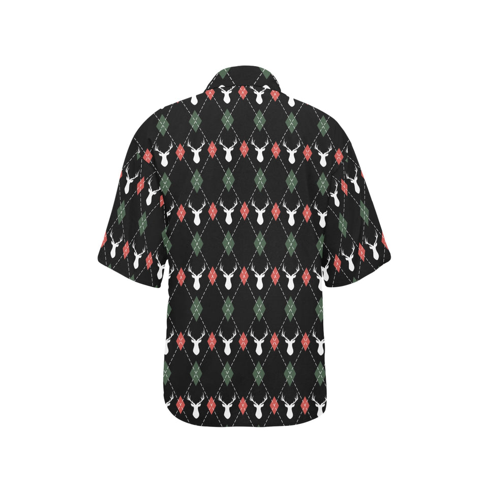 Deer Christmas new year pattern argyle Women's All Over Print Hawaiian Shirt