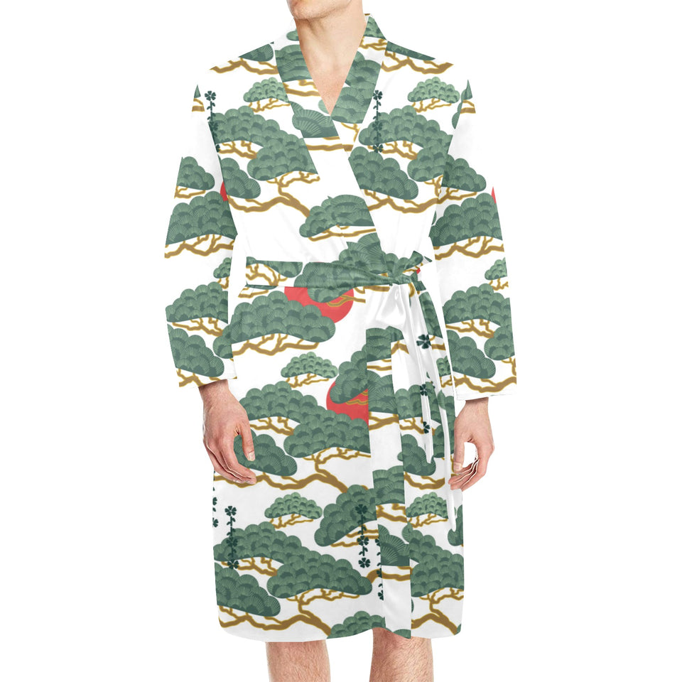 Bonsai red sun japanese pattern Men's Long Sleeve Belted Night Robe