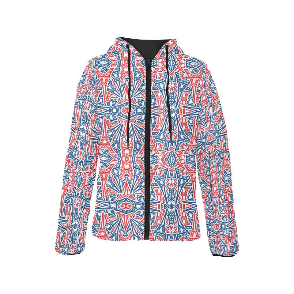Blue Red Eiffel Tower Pattern Print Design 02 Women's Padded Hooded Jacket