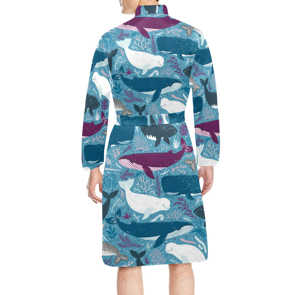 Whale design pattern Men's Long Sleeve Belted Night Robe