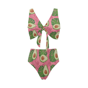 Avocado slices leaves pink back ground Chest Bowknot High Waisted Bikini Swimsuit