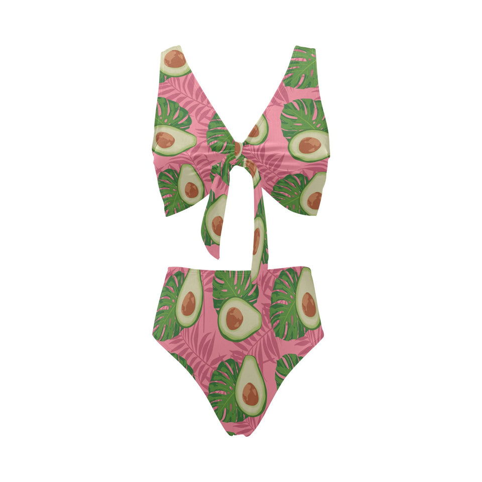Avocado slices leaves pink back ground Chest Bowknot High Waisted Bikini Swimsuit