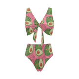 Avocado slices leaves pink back ground Chest Bowknot High Waisted Bikini Swimsuit