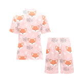 Cute fox pattern pink background Men's V-Neck Short Pajama Set