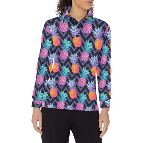 Pineapples pattern zigzag background Women's Long Sleeve Polo Shirt