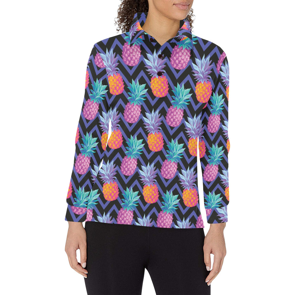 Pineapples pattern zigzag background Women's Long Sleeve Polo Shirt