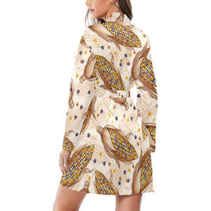 Corn Pattern Print Design 03 Women's Long Sleeve Belted Night Robe